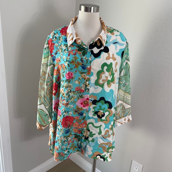 Rose + Olive Tops - Rose + Olive Womens Plus 3X Patchwork Floral Paisley Button Front Blouse Top